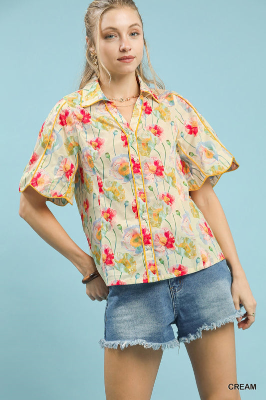 Umgee Floral Print Button-Down Blouse with Flutter Sleeves CREAM 62c8de36-1c1d-4451-9e51-bae1768c8b7f-Max
