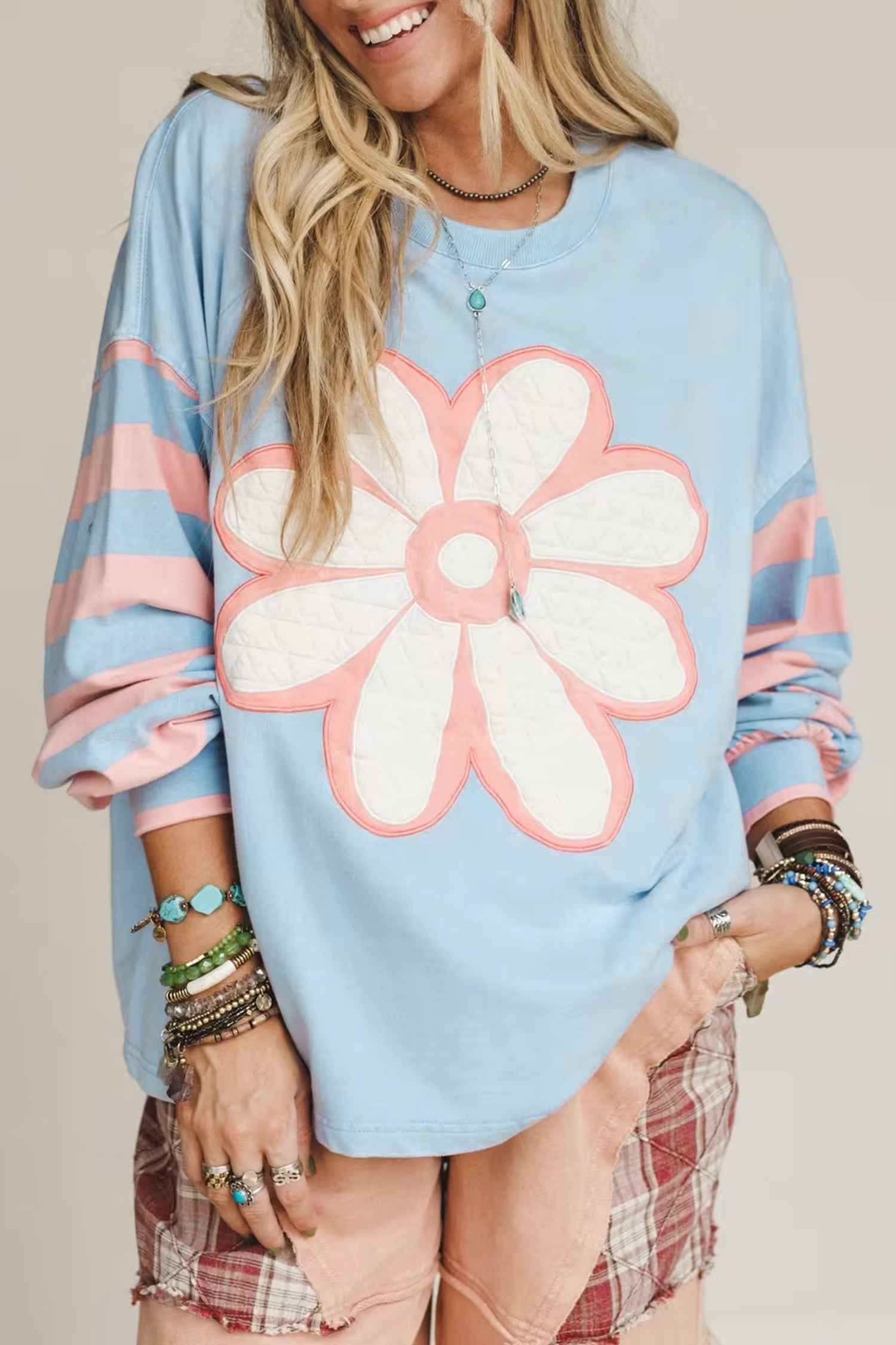 Beau Blue Big Flower Patch Drop Shoulder Striped Long Sleeve Top Beau Blue 80%Polyester+20%Cotton 62caed7c5d03dd20