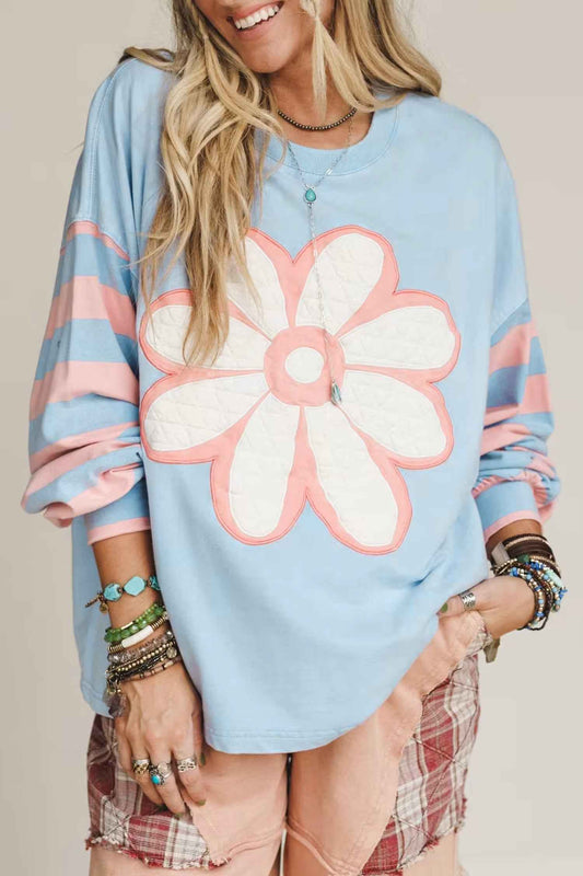Beau Blue Big Flower Patch Drop Shoulder Striped Long Sleeve Top Beau Blue 80%Polyester+20%Cotton 62caed7c5d03dd20
