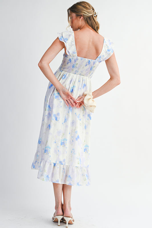 Sky Blue Floral Smocked High Waist Ruffle Sleeveless Long Dress 62cf31ffd1211e8f