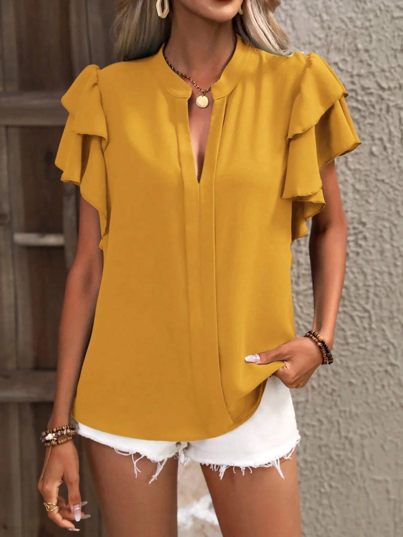 Ruffle Sleeve Notched Blouse 62d22822-67b4-41ee-a36a-0fa94d8a30e9-Max-Origin