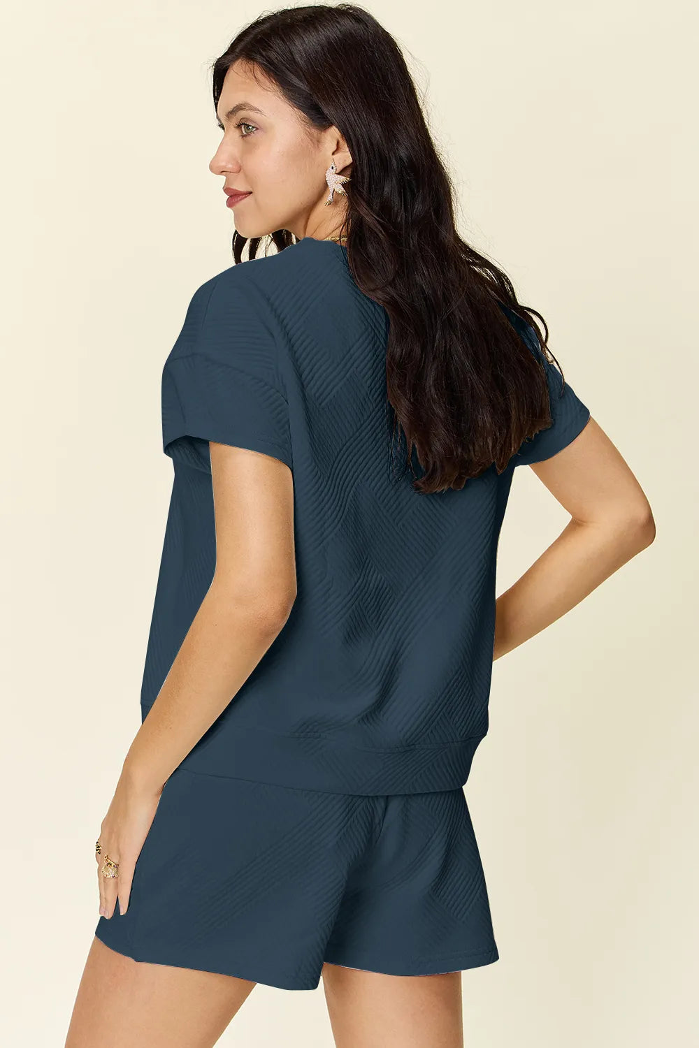 Double Take Full Size Texture Short Sleeve T-Shirt and Drawstring Shorts Set 62d5f8cc-da58-444c-af77-19091c32f85e-Max