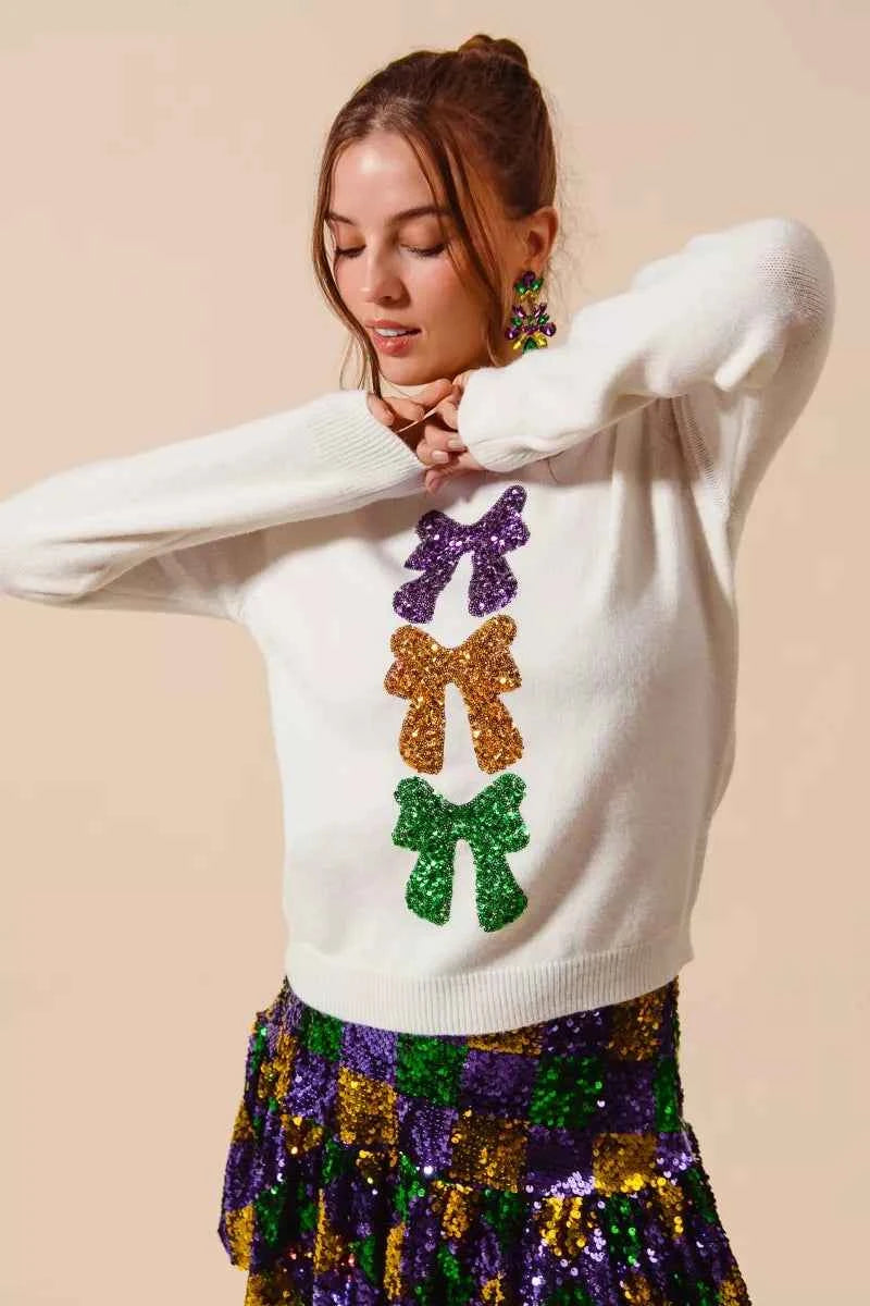 SO ME Mardi Gras Sequins Bow Ribbon Embellished Sweater 62d61ec105ca475a90a7faaaca6ad37a-Max-Origin