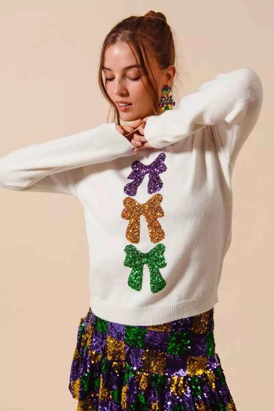 Mardi Gras Sequins Bow Ribbon Embellished Sweater 62d61ec105ca475a90a7faaaca6ad37a-Max-Origin