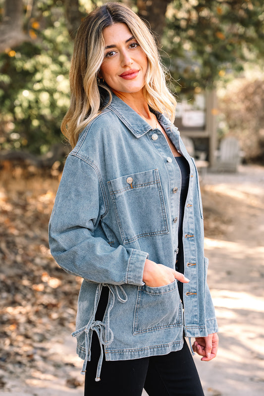 Beau Blue Multi Patched Pockets Side Tie up Boyfriend Style Denim Jacket 62e014b613d774a7