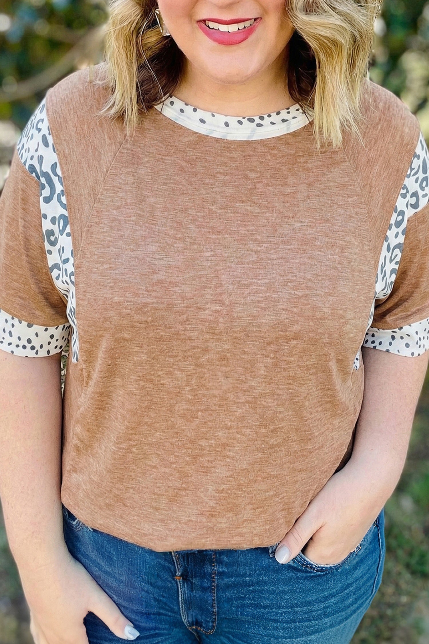 Chestnut Animal Color Block Patchwork Plus Size Tee Chestnut 75%Polyester+20%Viscose+5%Elastane 62e93c4dfab2b55d