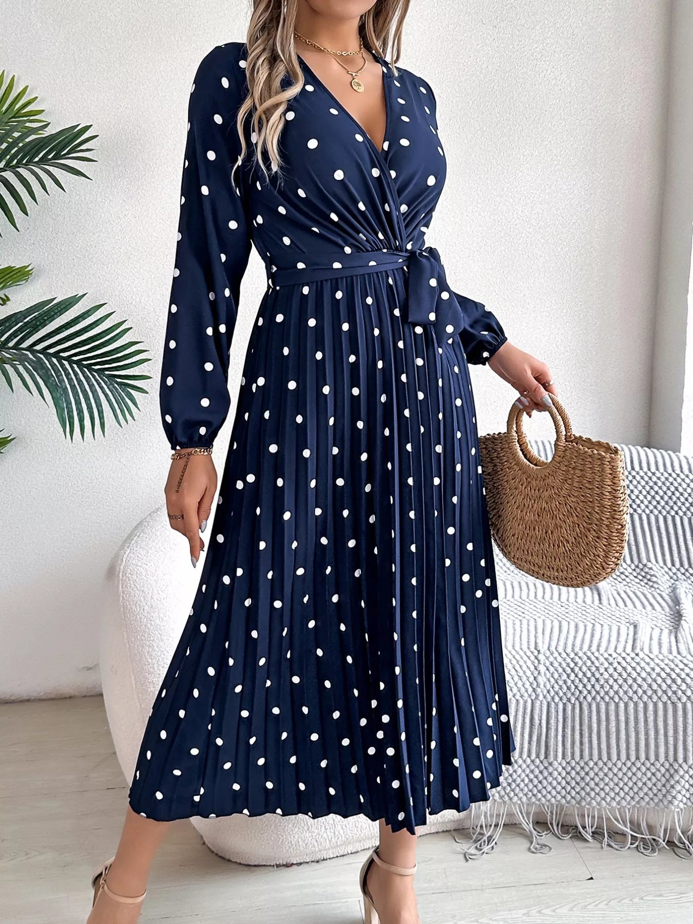 Front Tie Polka Dot Midi Pleated Dress 62f3783d-5c1c-4f40-b38c-bc633eb839f5-Max-Origin