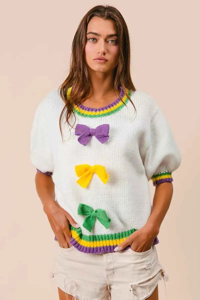 BiBi Short Puff Sleeve Ribbon Bow Mardi Gras Sweater 62f5322b5ad74a9180ca1adf6f7905c9-Max-Origin