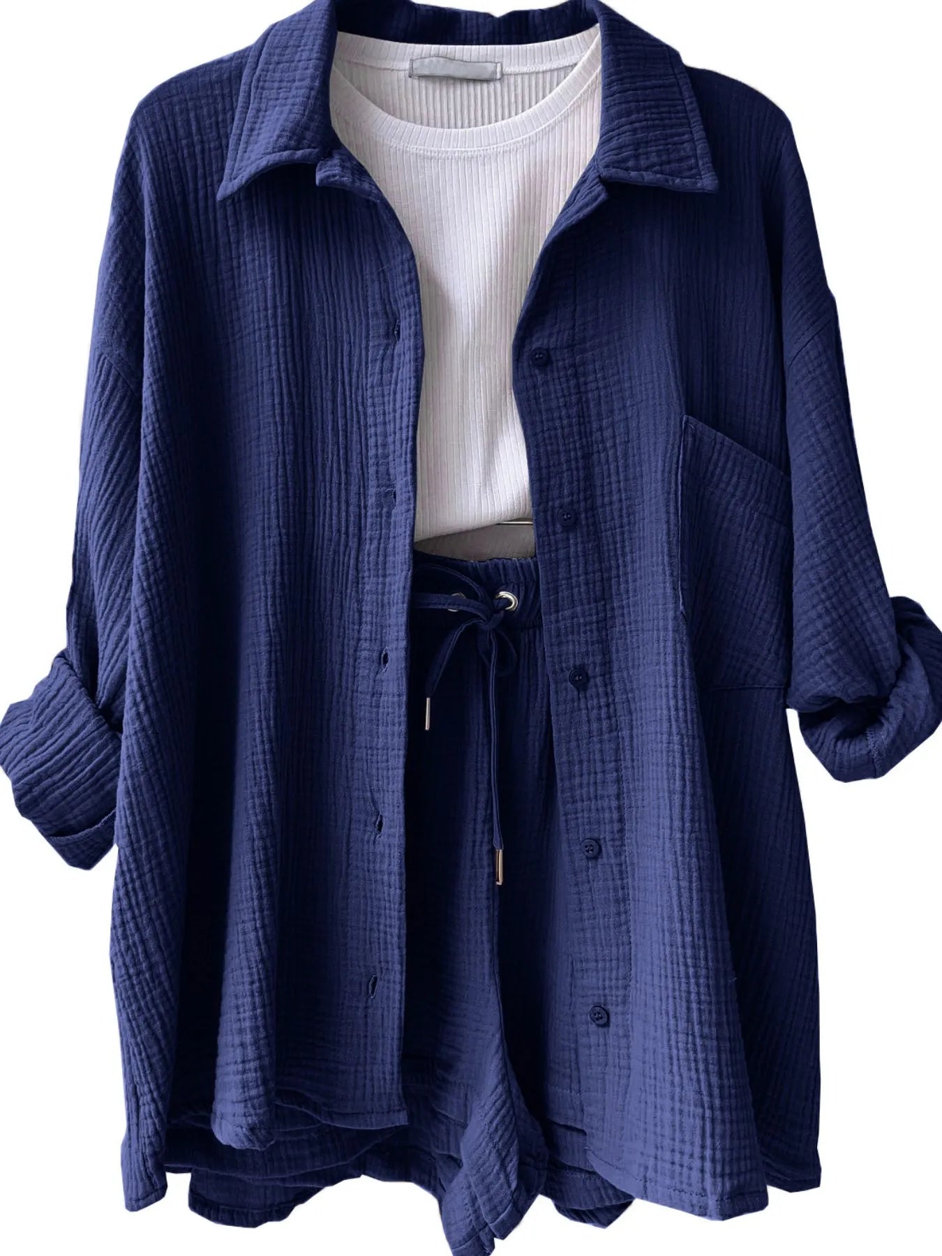Textured Button Up Shirt and Shorts Set Navy Blue 62f76d9b-3f42-4e31-8bde-ad5374d259be-Max-Origin