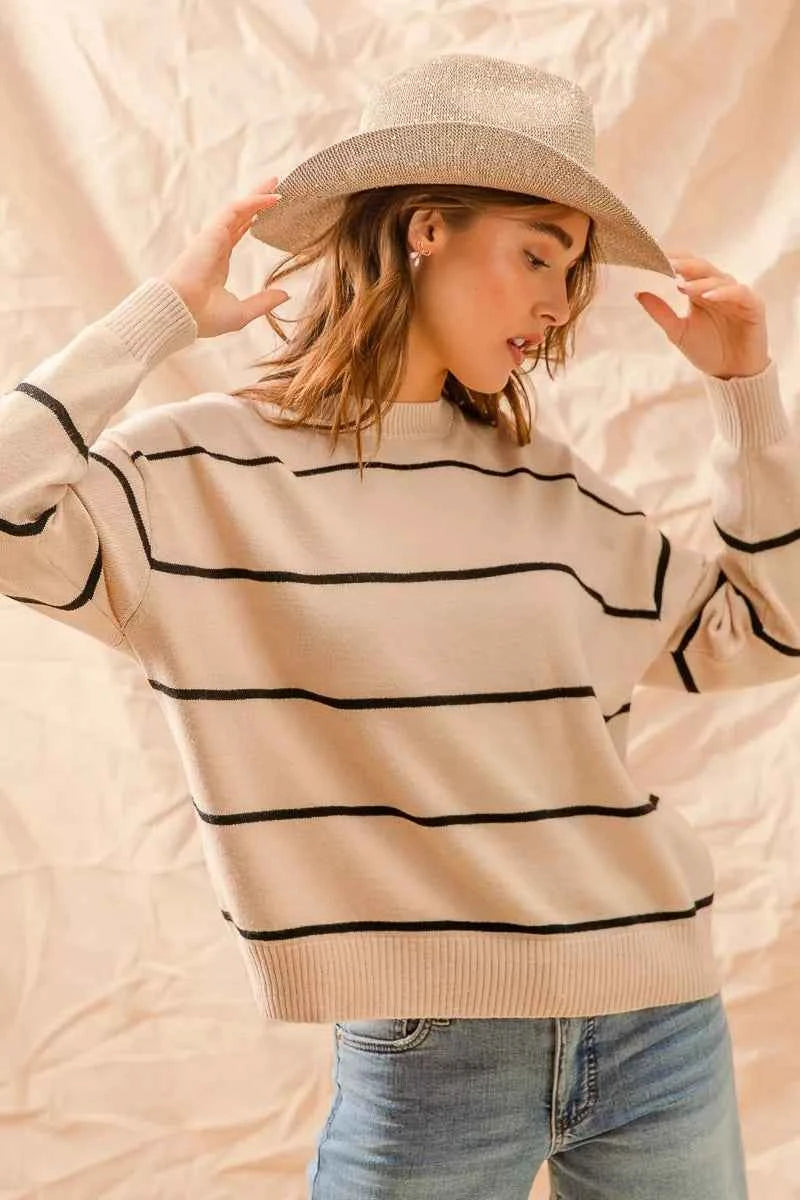 SO ME Stripe Crew Neck Basic Essential Sweater 62f78a3ed73f418086a83e19628190de-Max-Origin