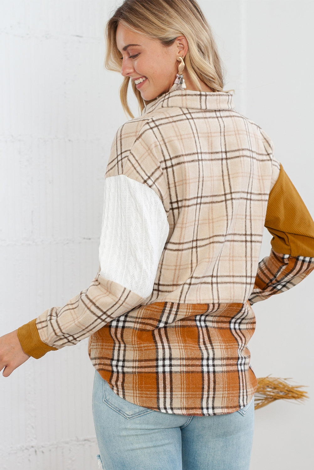 Orange Plaid Color Block Patchwork Pocket Shirt Shacket 62f83a9101422b20