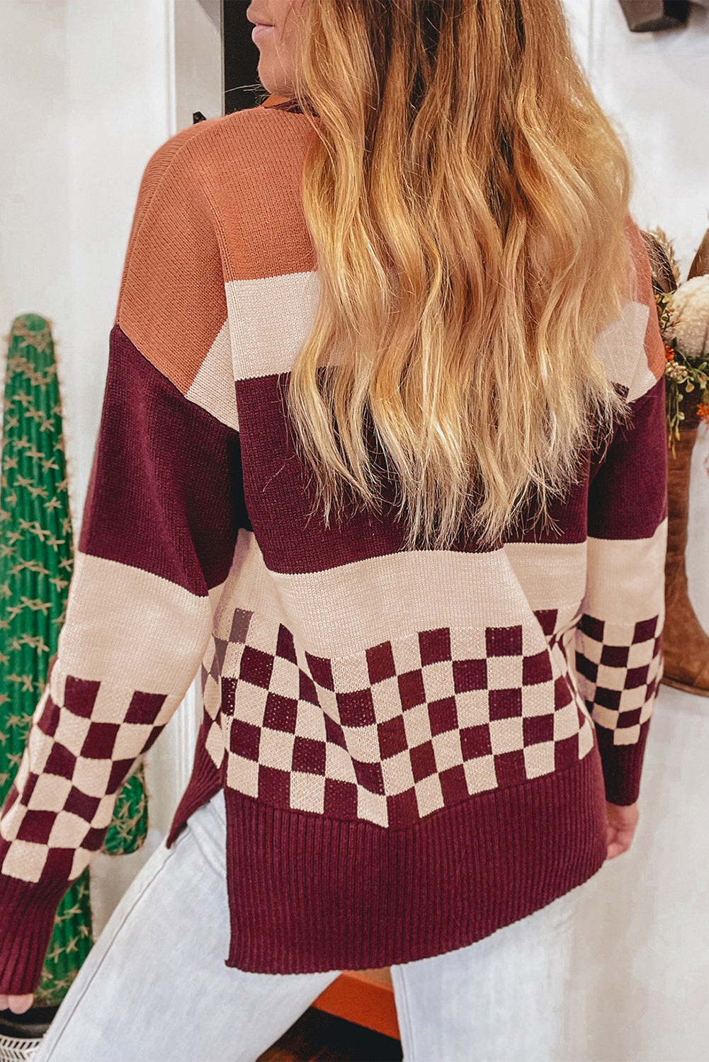 Brown Checkered Colorblock Knitted Drop Shoulder Sweater 62fa516329e818bc