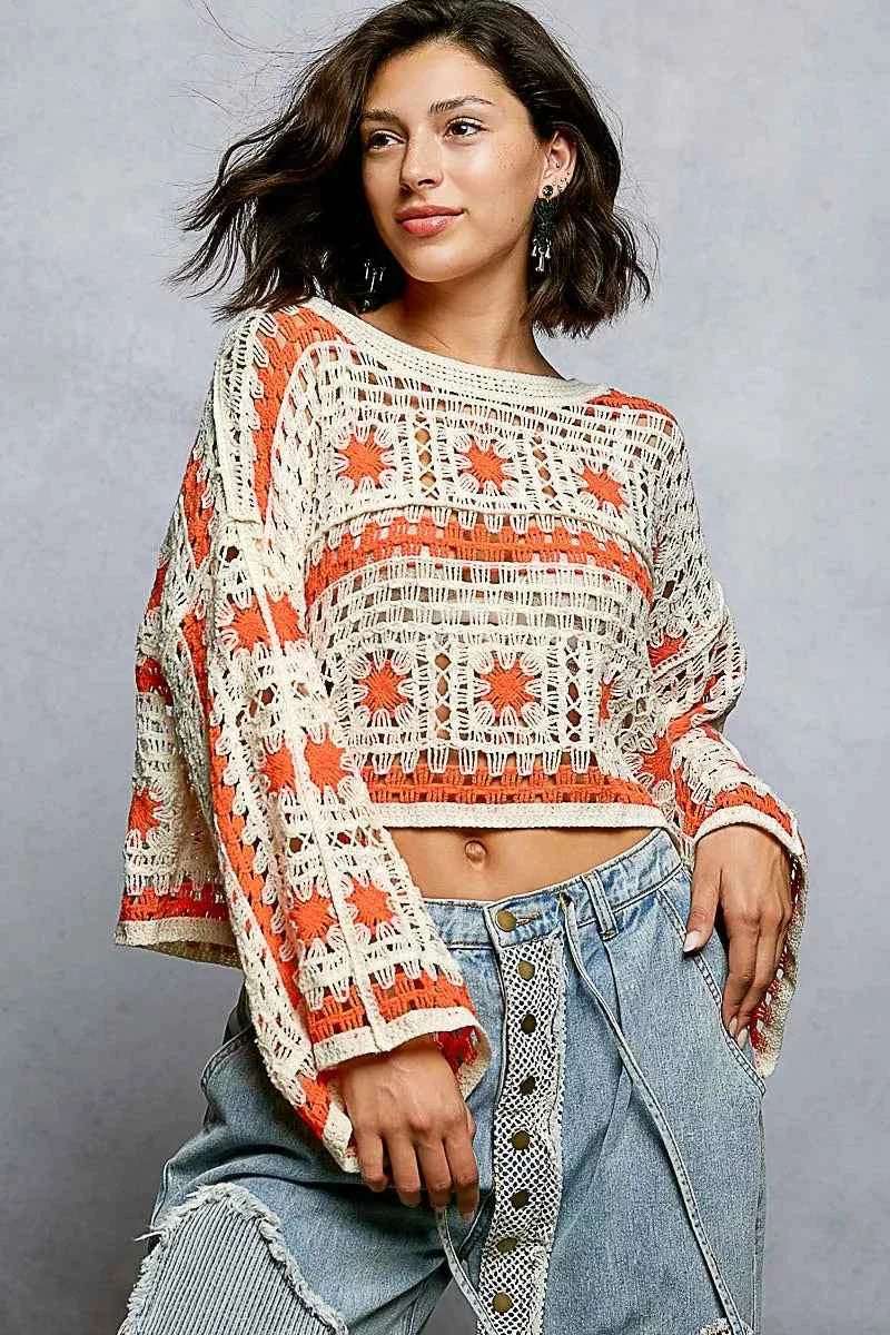 POL Boat Neck Long Sleeve Crochet Top with Granny Square Weaving 62ff45d1-7158-4c0f-826f-3fd9e36f797a-Max-Origin