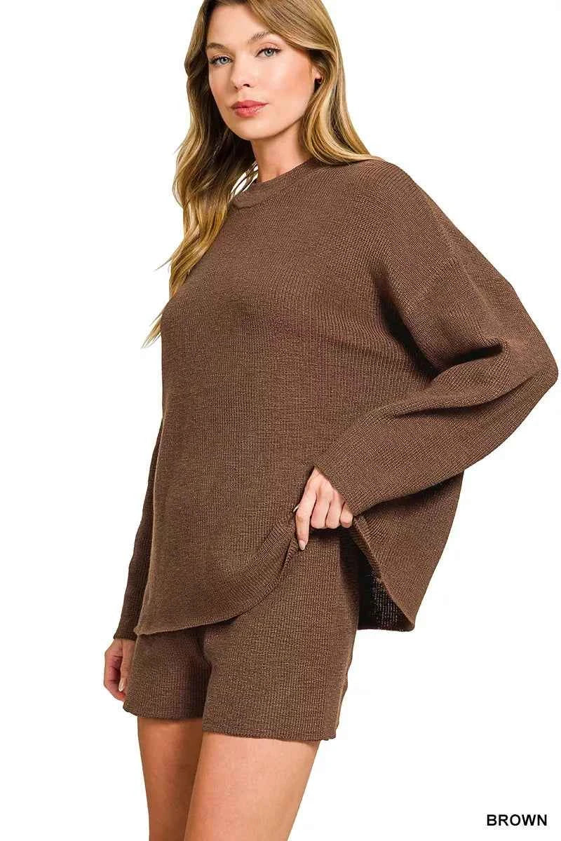 Zenana Round Neck Knit Top and Shorts Sweater Set 63027e059fae46689d2c85bc46ba4f48-Max-Origin