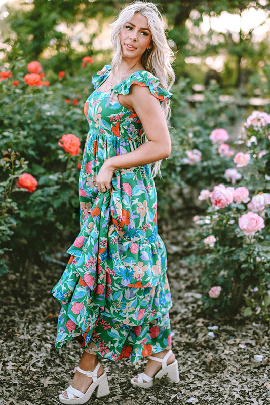 Green Floral Print Sleeveless Ruffle Tiered Maxi Dress 63077a19469cdd40