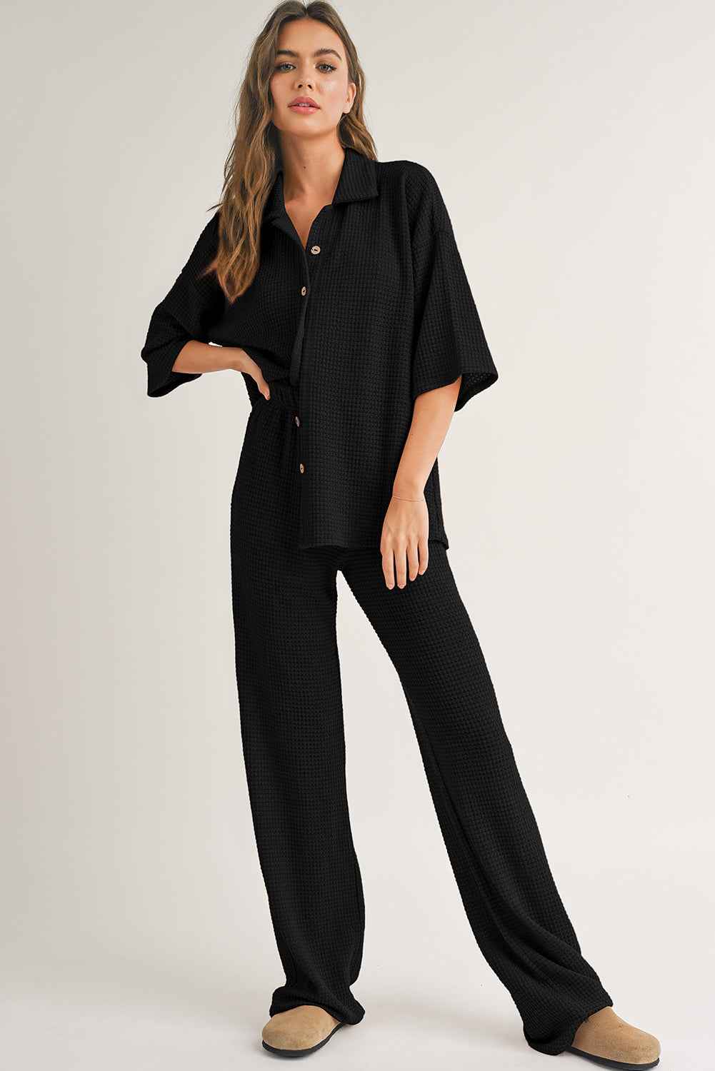 Black Solid Color Textured Buttoned Shirt and Casual Pants Set 630b3501cd49a211