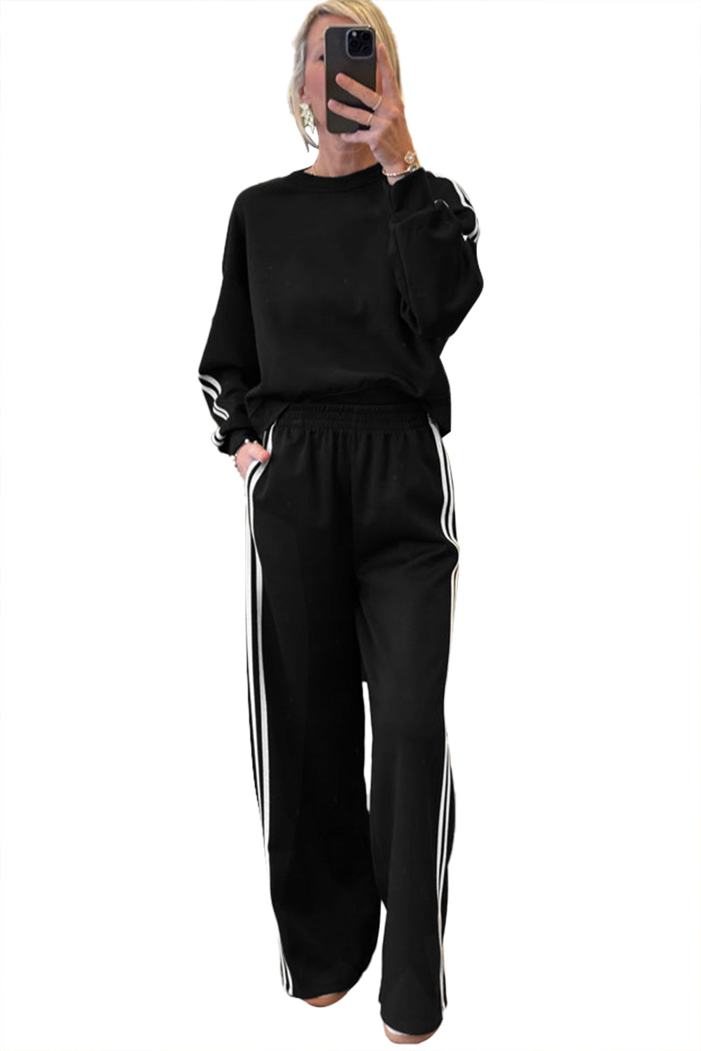 Dirty Blue Varsity Striped Detail Cropped Pullover Wide Leg Pants 2pcs Outfit 6312d5b0a1b6f9b3