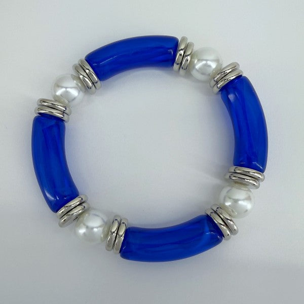 Two Tone Stretchy Bracelet with Pearls Blue White One Size 631dcf75-50dc-4738-9317-b6798aa98395