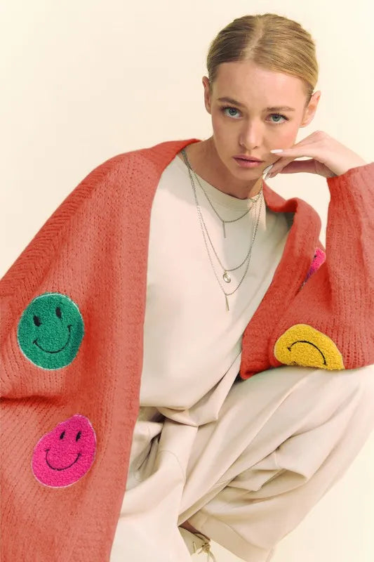 Davi & Dani Fuzzy Smile Open Front Long Sleeve Cardigan 631e5301-bcc2-4bc8-9544-39f88156b46d-Max