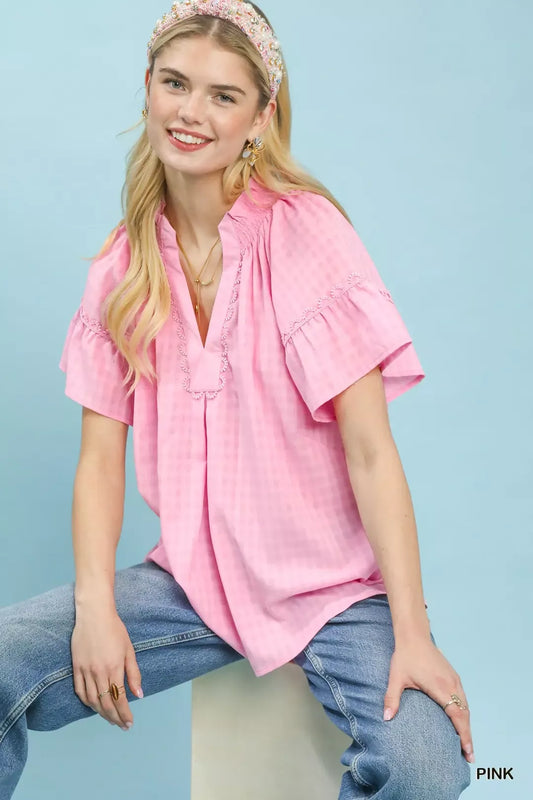 Gingham Puff Sleeve Top with Lace Trim 631eb005-f664-4356-b101-d93de9473b67-Max-Origin