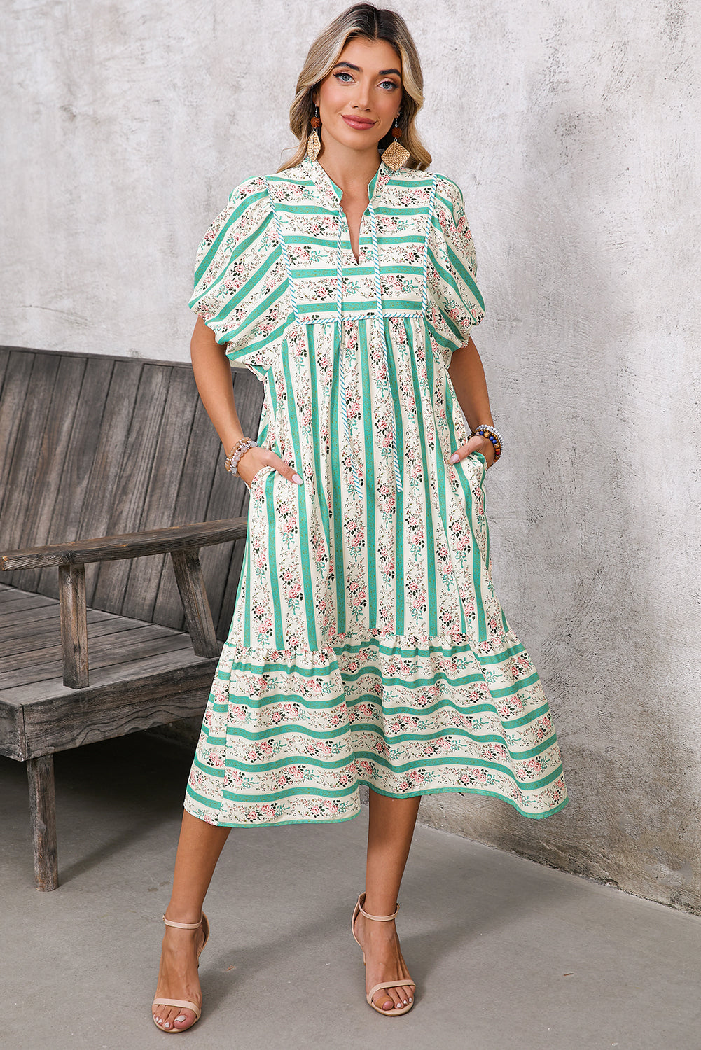 Multicolor Boho Floral Striped Tie V Neck Long Dress 6320365de8ad7eac