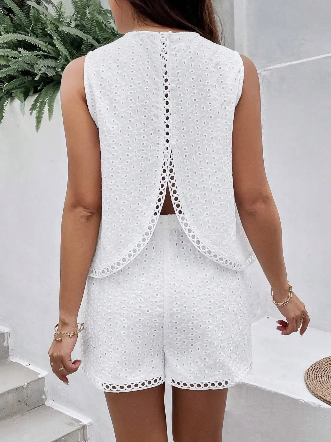 Eyelet Round Neck Top and Shorts Set 63225e77-f143-4a32-8964-c0e054f7c667-Max-Origin
