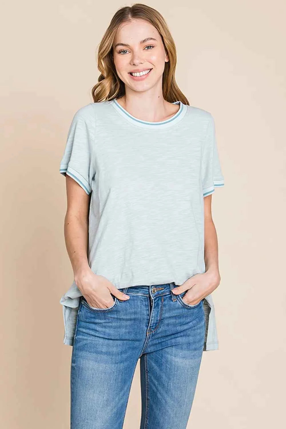 Cotton Bleu by Nu Lab Contrast Trim Short Sleeve Slit T-Shirt 6325c192-d93f-4421-8297-d00dda7dfab2-Max