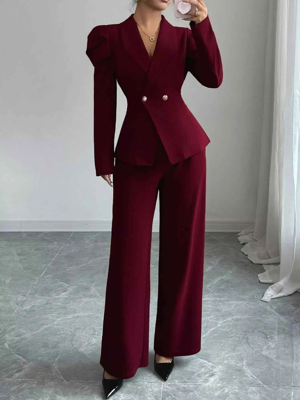 Double-Breasted Blazer and Pants Suit Set Burgundy 6330633a-f37d-407e-9ccb-0a1b01383816-Max-Origin