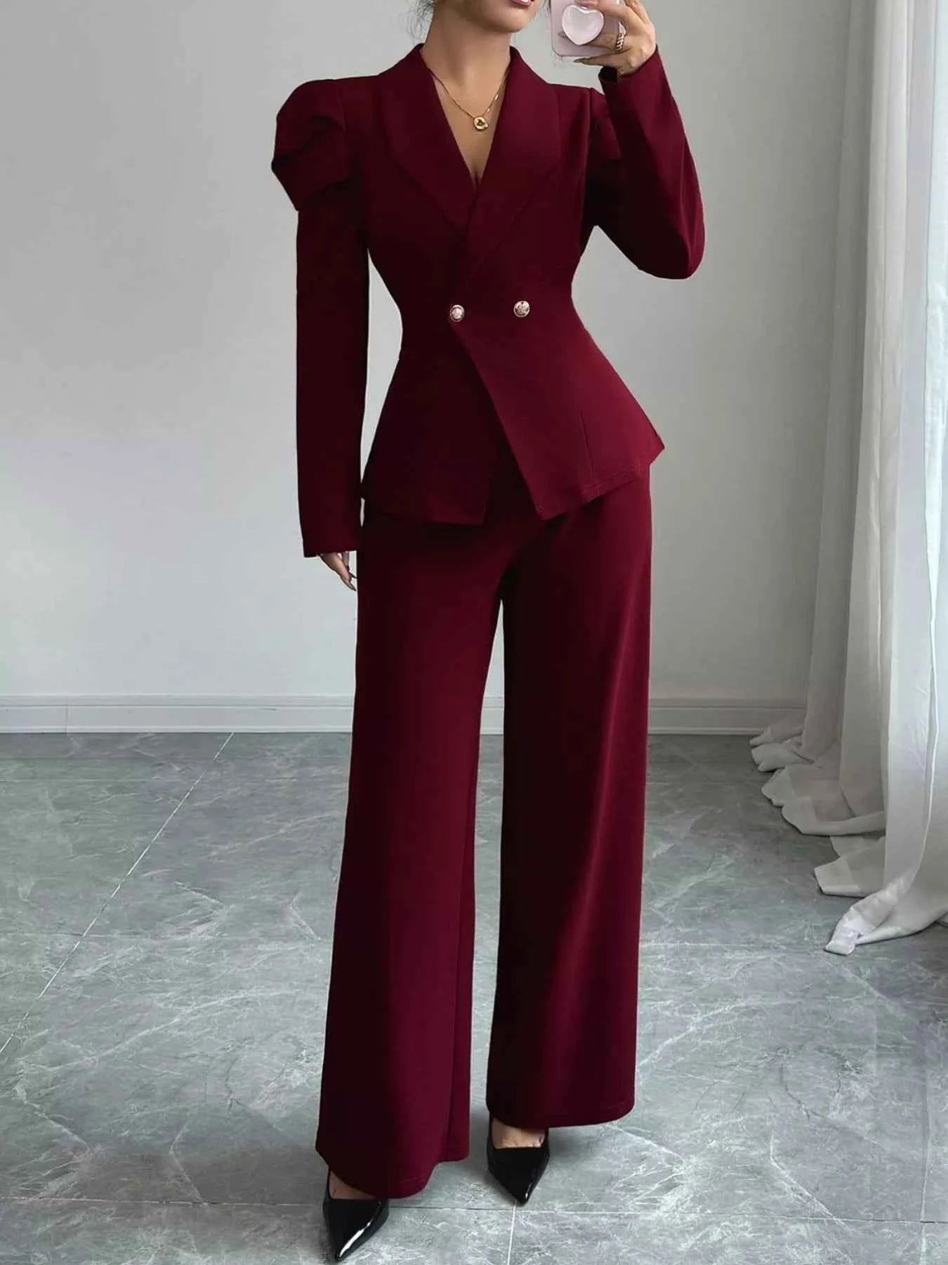 Double-Breasted Blazer and Pants Suit Set Burgundy 6330633a-f37d-407e-9ccb-0a1b01383816-Max-Origin