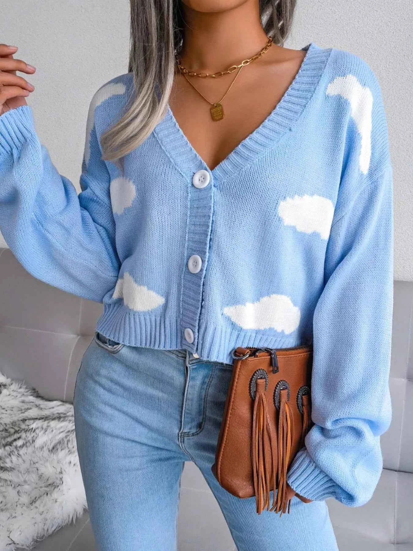 Cloud Pattern Button-Up Cropped Cardigan 63322070-6d38-4657-82d2-b34baaba1cbc-Max-Origin