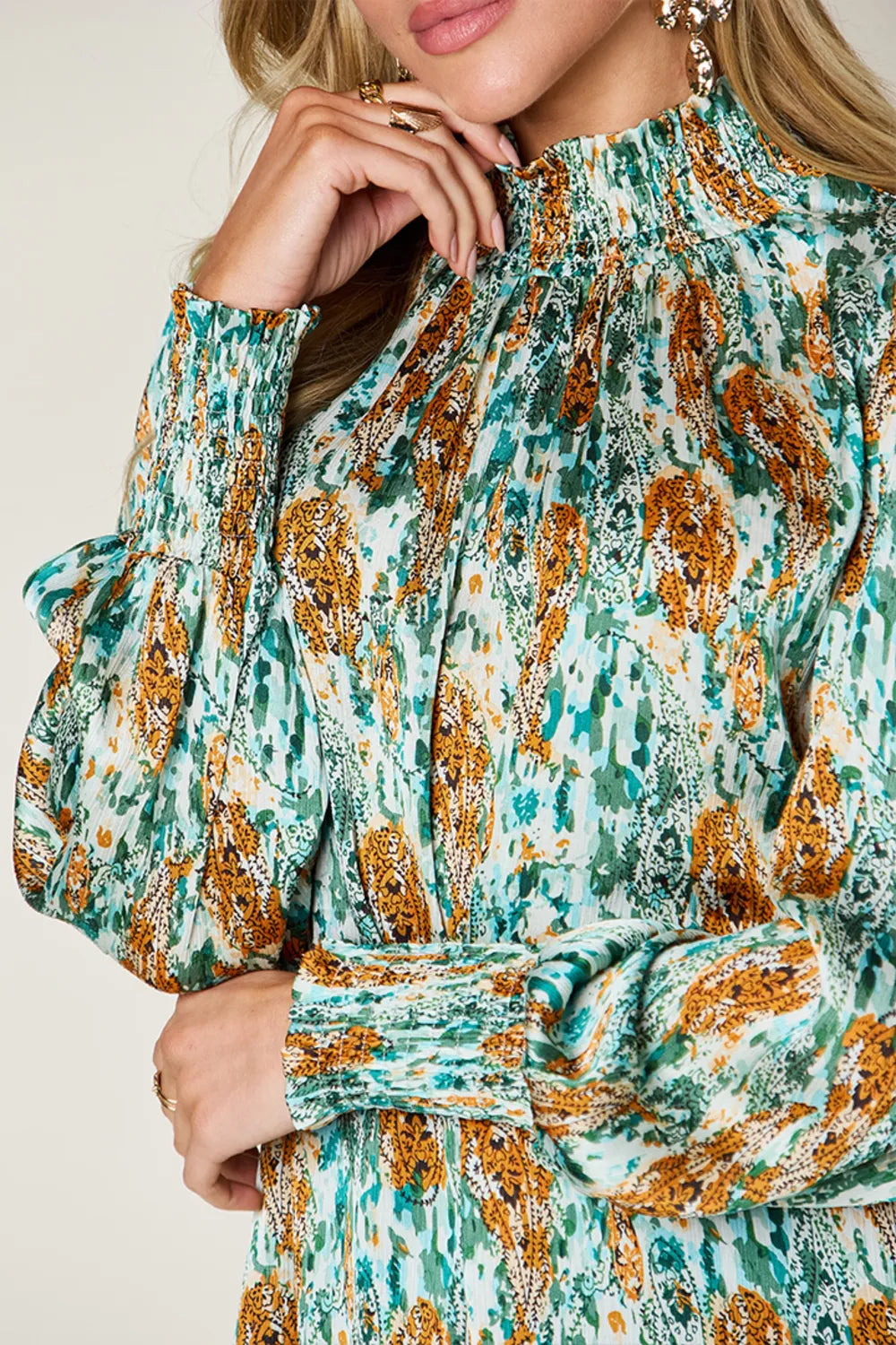Double Take Full Size Printed Smocked Long Sleeve Blouse 6334a6fb-4d6f-413a-9ff6-6917cbc2a948-Max