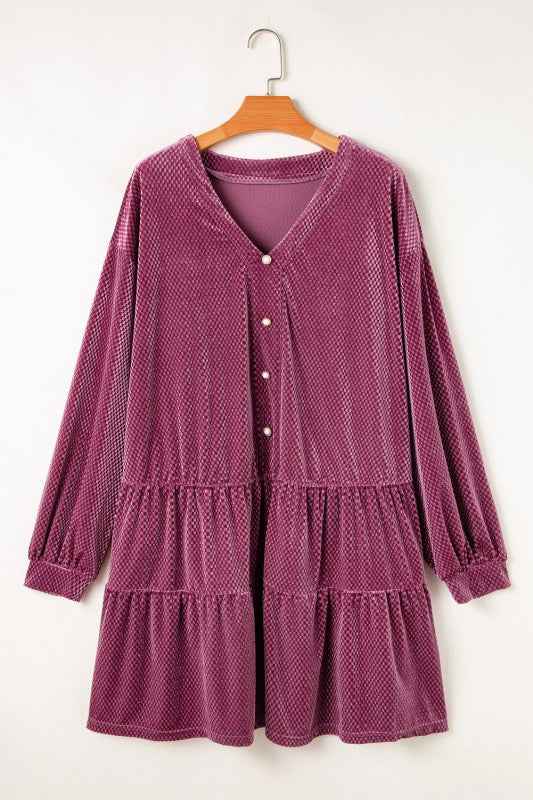 Plus Size Textured Velvet Buttoned Tiered Dress Meadow Mauve 6334fbcb-1585-4ebc-9c1d-4f00387db0a8
