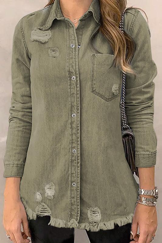 Khaki Raw Hem Distressed Denim Shirt Jacket Khaki 100%Cotton 633547b2c9a5d18b