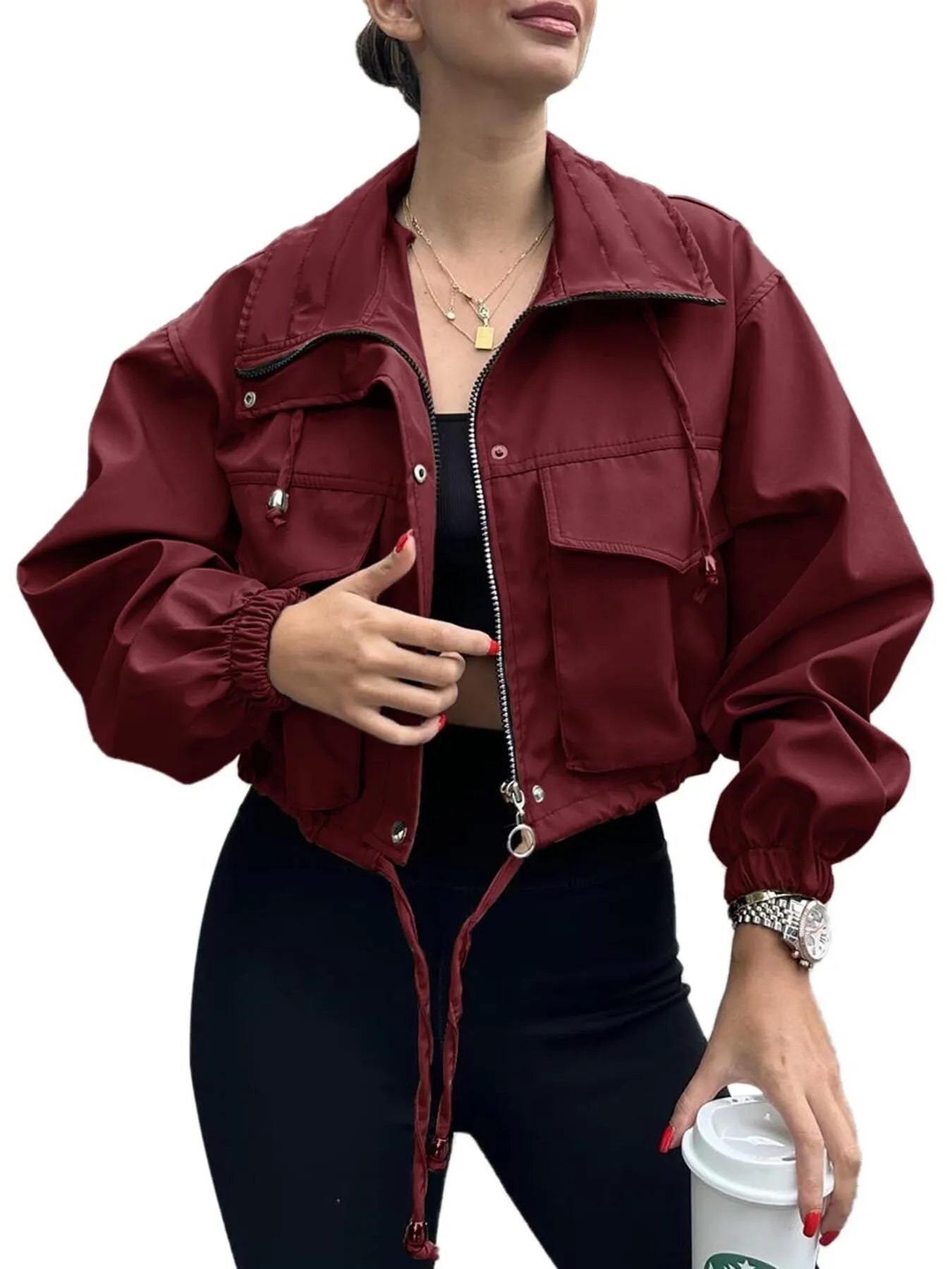 Drawstring Hem Zip Up Jacket 6337e23b6a61453f91f1817312688087-Max-Origin