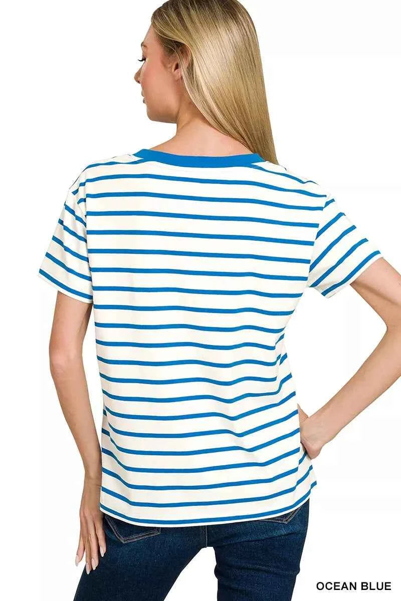 Zenana Striped V-Neck Short Sleeve T-Shirt 63380d0b95084d56b475a118ca94b306-Max-Origin