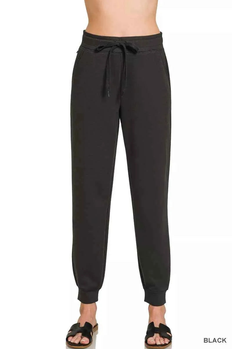 Zenana Drawstring Scuba Joggers with Pockets BLACK 63399987f4c84185b829c6246c4f80c4-Max-Origin
