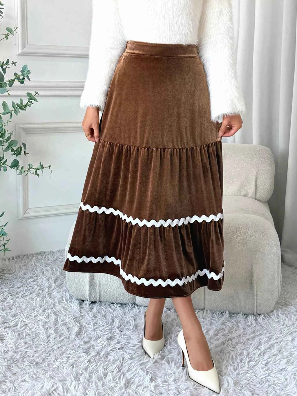 Velvet Tiered Midi Skirt Brown 6339dc026c9d40d49a68f7ffee2bcdee-Max-Origin