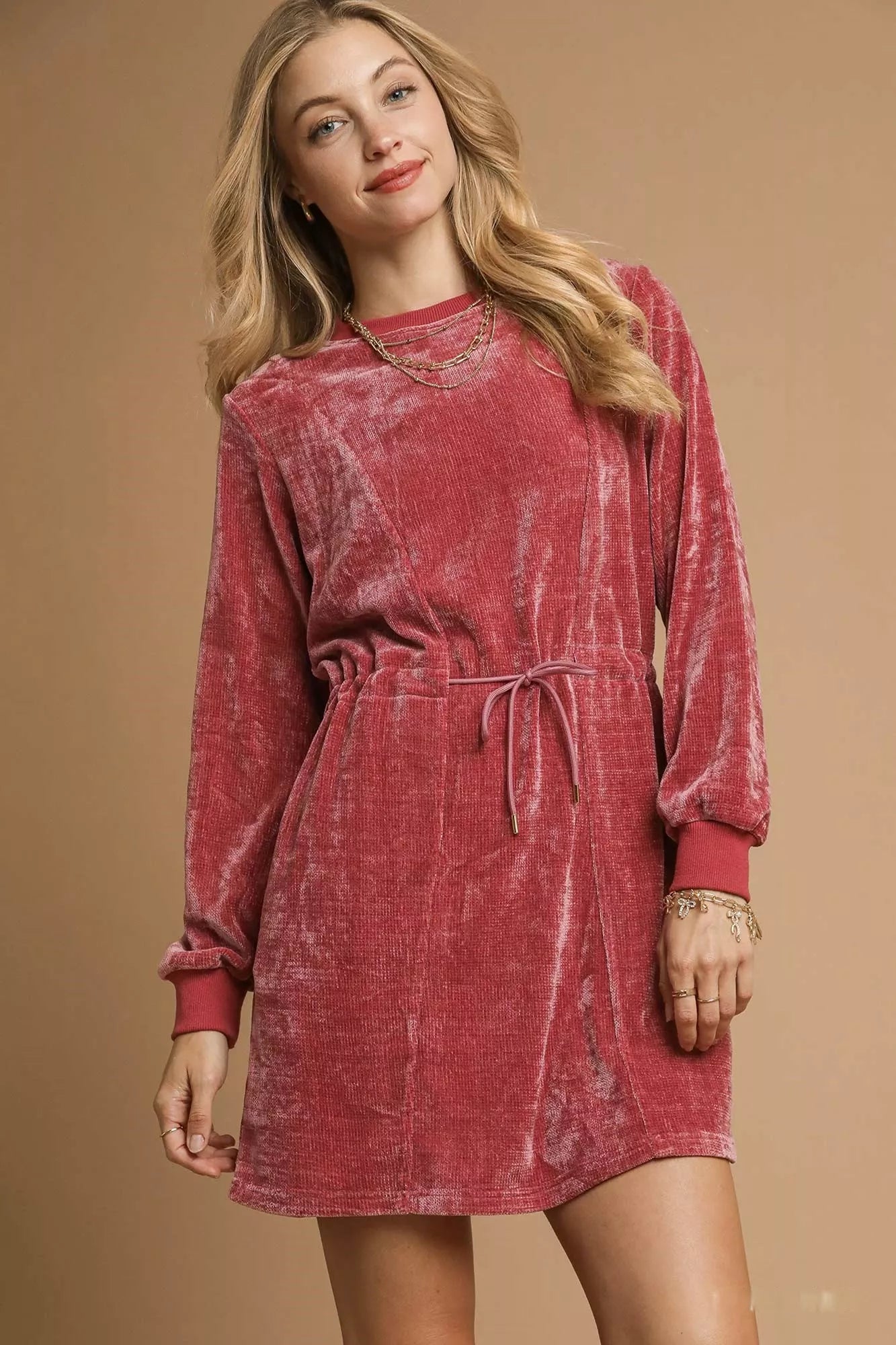 Velour Drawstring Mini Dress with Long Sleeves BURGUNDY 633a8bb2-c1f6-4d2b-b543-465aeca1e0bd-Max-Origin