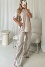 Jet Stream Contrast Striped Trim Crewneck T Shirt Loose Straight Pants Set 633bd96a7c2f2e62