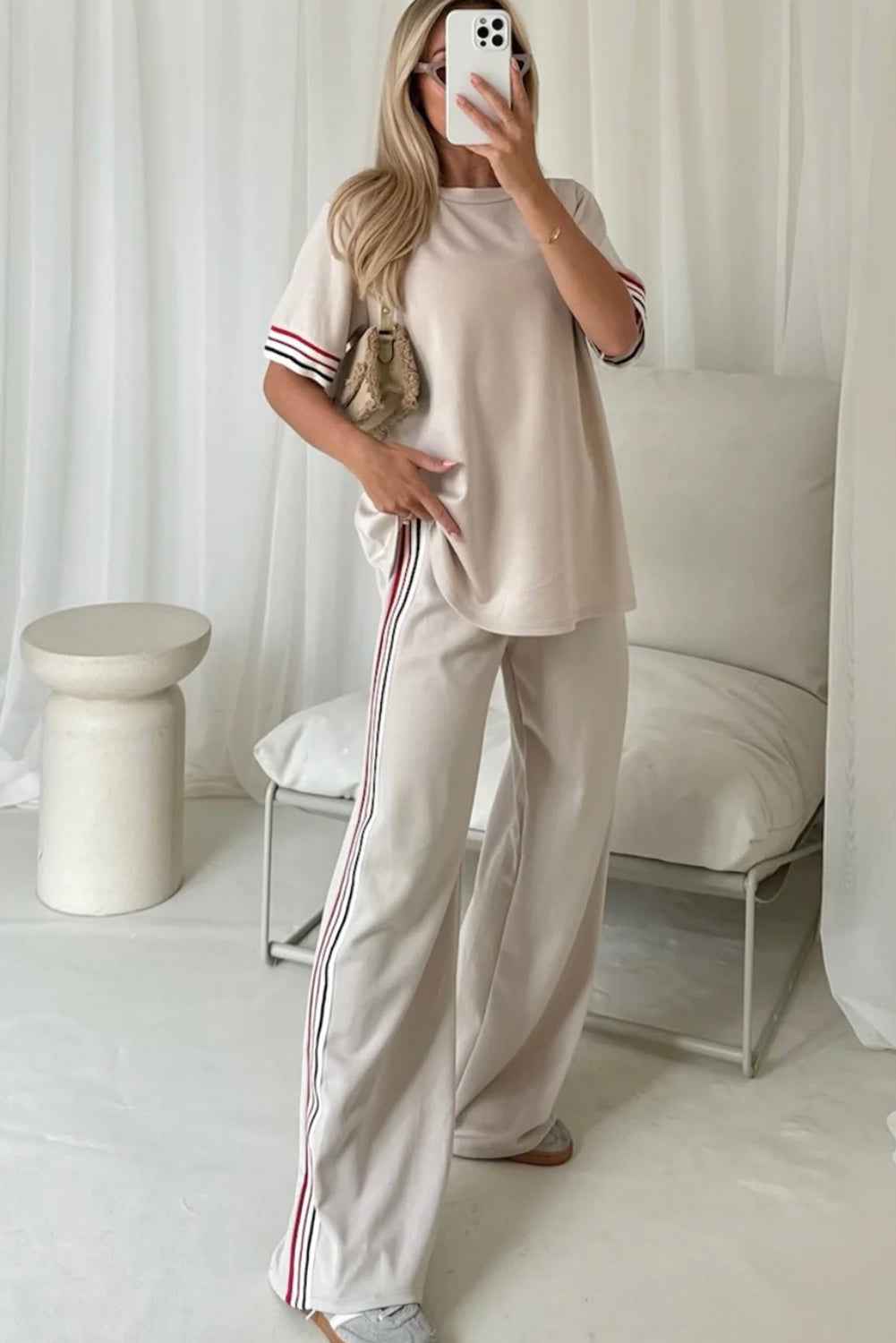 Jet Stream Contrast Striped Trim Crewneck T Shirt Loose Straight Pants Set 633bd96a7c2f2e62