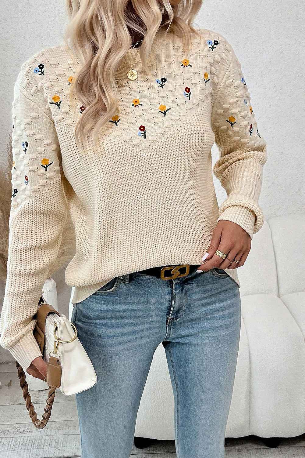 Jet Stream Mixed Texture Knit Flower Embroidered Detail Casual Sweater 633da641534ddcb2