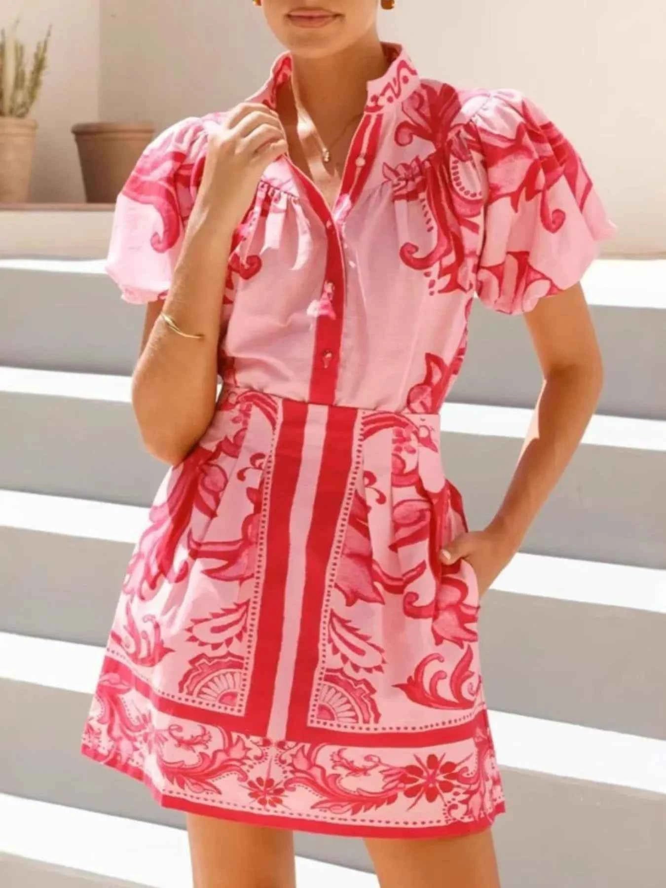 Printed Puff Sleeve Top and Skirt Set 633f276e-46f1-464b-bcc3-e178082f8194-Max-Origin