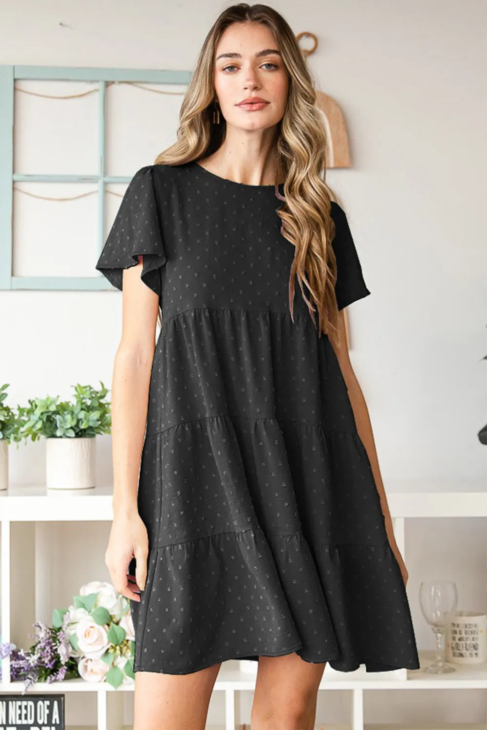 Heimish Swiss Dot Short Sleeve Tiered Dress Black 6341840f-75cc-4aef-a474-af1ffd366577-Max