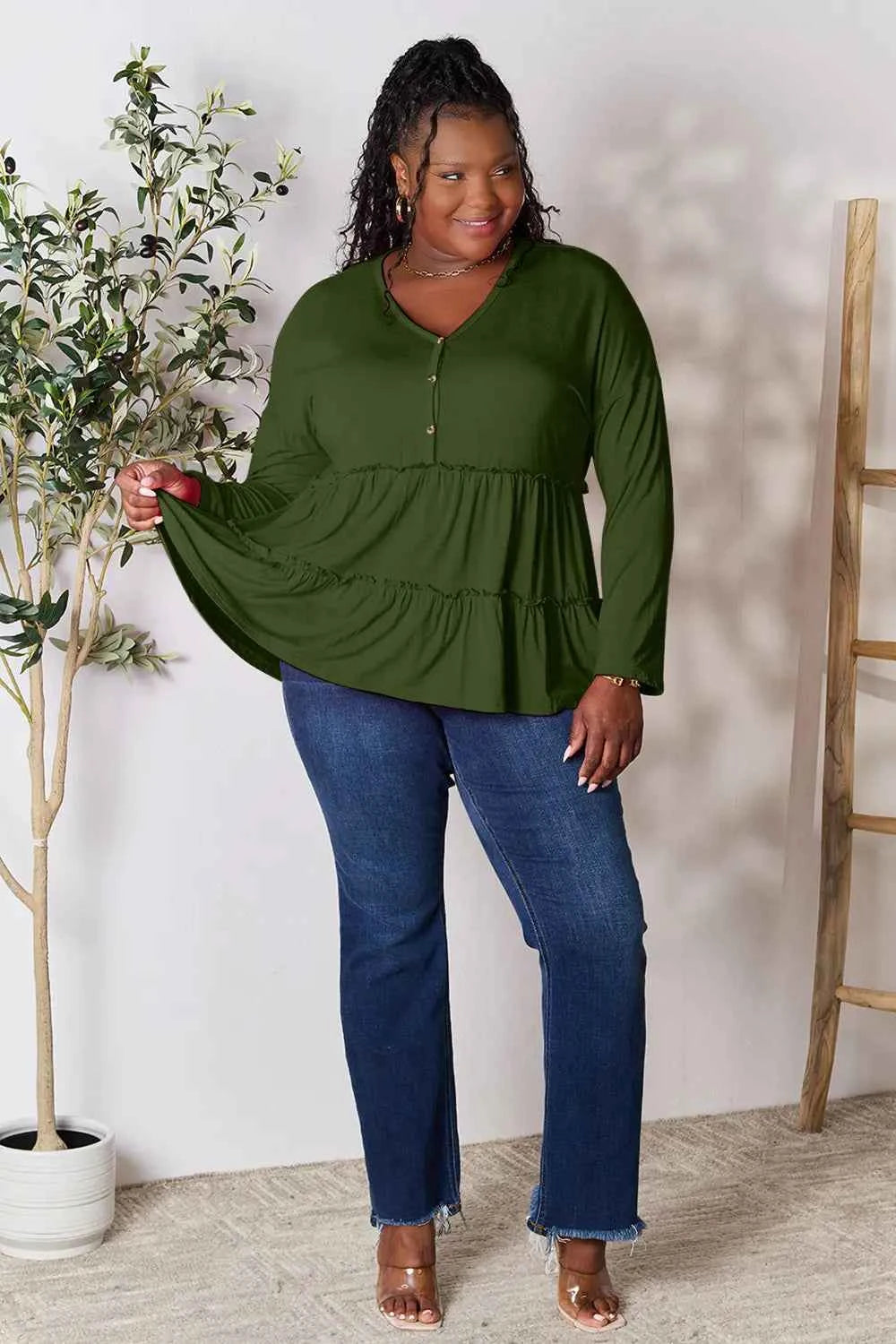 Double Take Half Button Long Sleeve Ruffle Hem Blouse 6341eda64cc24304ba7f8d900cadf8a3-Max