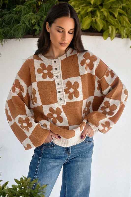 Flower Checker Henley Baggy Sweater Thai Curry 63478058-8ec1-4a5b-b854-d9988b69e9e8
