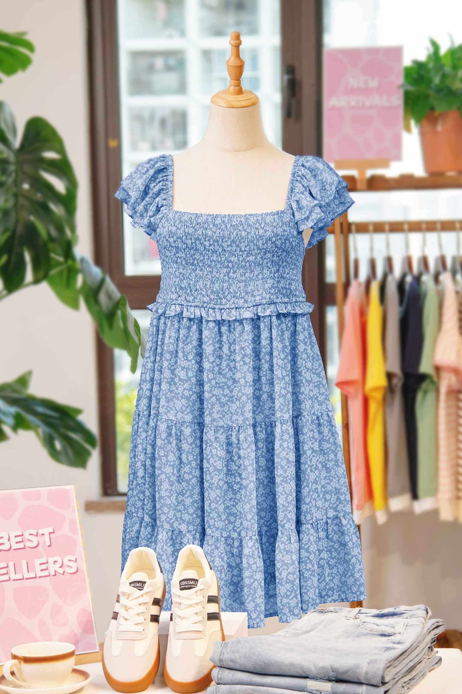 Sky Blue Floral Print Square Neck Flutter Sleeve Smocked Tiered Mini Dress 634f1325e368ae55