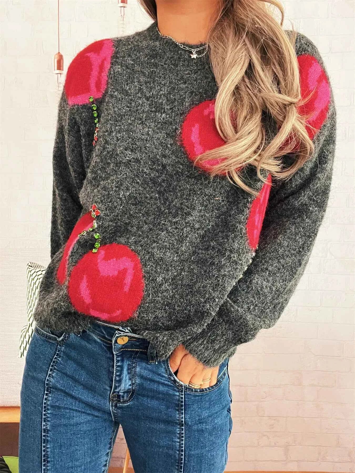 Contrast Cherry Round Neck Sweater 6352fafdbfd2479abec01c02d5609499-Max-Origin