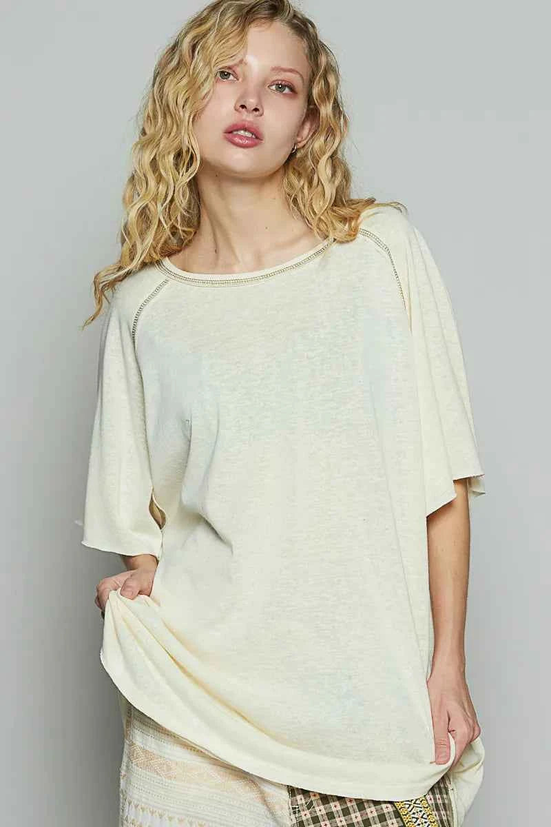 POL Contrast Stitching Half Sleeve Oversized T-Shirt 635544e7-d061-481b-89e7-9e052154a8d6-Max-Origin