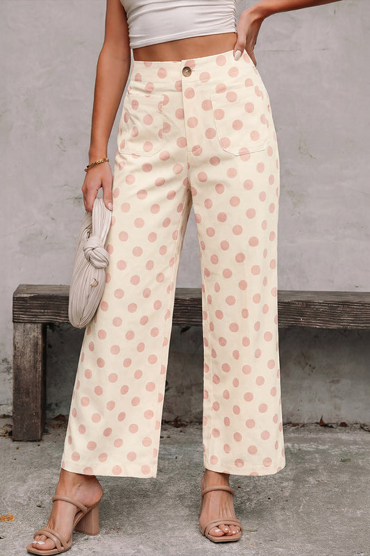 White Polka Dot Print Patched Pocket Loose Pants White 100%Polyester 635738cb94bc9810