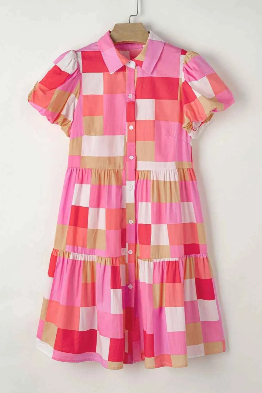 Color Block Button Up Short Sleeve Mini Dress Strawberry 6357bd4b-6760-4020-9d56-747bc448e991-Max